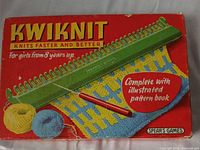 Box lid showing Kwiknit branding and image of loom and yarn