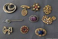 All ten costume brooches arranged on surface