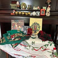 overview of linens, books, ornaments, figurines