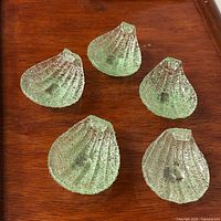 Overview of all five pale green seashell bowls on wooden surface