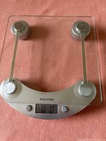 Top view of Salter digital kitchen scale showing glass platform and overall design