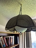 Full view of hanging rattan swag lamp over bookshelf