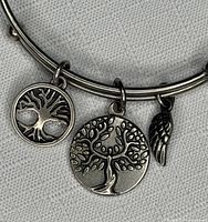 Close-up of three charms on bangle
