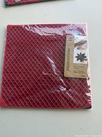 Front of sealed red silicone pot holder showing texture and label