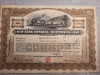 Full view of stock certificate showing border, vignette, signatures, and denomination