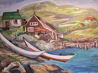 Overall view of front fishing village scene with boats, buildings, hills and water