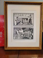 Full view of framed Edward Penfield print showing two illustrations and mat within gold frame