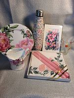 Group image showing all six pink and floral themed items