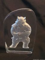 Front view of clear glass sculpture with frosted Viking figure