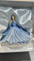 Front view of porcelain figurine in blue and white gown in satin-lined box