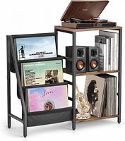 Stock image showing assembled record player stand with metal frame, brown shelves, vinyl storage compartments, speakers and turntable for scale