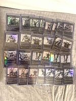 Top view of 43 sleeved compleat-foil black cards arranged in toploaders