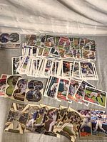 Front view showing mixed stacks of Topps baseball base cards