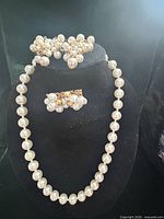 Necklace displayed on stand with brooch and earrings