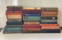 Overall view of two-tier stack of approximately 26 cloth-bound hardcover books