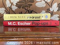 Spines of both pop-up books—yellow New York Pop-Up Book and red M.C. Escher Pop-ups—on shelf