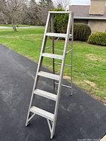 Full view of aluminum step ladder standing open on driveway
