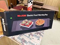 Retail box front showing Maxim Electric Food Warming Tray