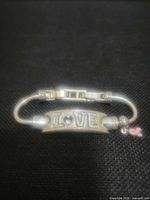 Front view of silver-tone bracelet showing LOVE bar with CZ accents