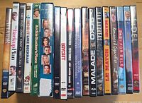 Front spines of all DVD cases lined up showing titles