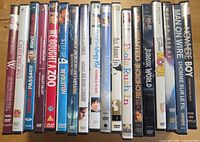 Front view of fifteen DVD cases showing spine titles