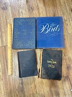 Four books arranged with ruler for scale