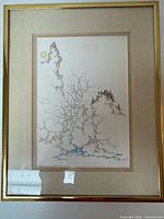 Framed ink and watercolor landscape print with mat and glass