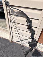 Full view of Elkhorn black compound bow showing limbs, riser, cables and arrow rest