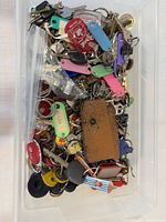 Plastic tub filled with assorted keys, tags and fobs