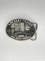 Front view of Caesars Tahoe pewter belt buckle