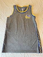 Full front view of Golden State Warriors gray tank top jersey