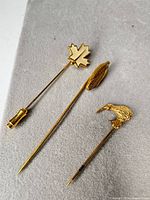 Front view showing all three pins: maple leaf, corn cob, kiwi bird