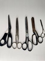 All five scissors laid out side by side for identification