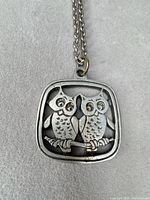 Front view of owl pendant and portion of chain