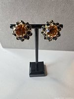 Front view of both earrings on stand showing amber glass centers and black floral border