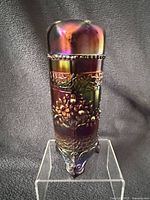 Front view of iridescent cobalt blue Fenton Orange Tree hatpin holder