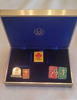 Open case showing five pins on blue velvet interior