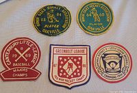 All five vintage sports patches laid out, showing designs and colours