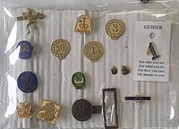 Overall view of 14 pins and partial belt buckle on display card