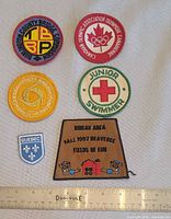 All six assorted vintage patches laid out next to ruler for scale
