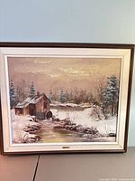 Framed winter mill oil painting overall view