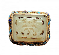Front view showing carved jade plaque and cloisonné gilt silver frame