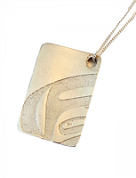 Front view of rectangular silver-plated pendant with Indigenous design