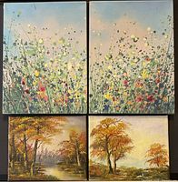 Front view showing all four canvases—two abstract florals on top, two autumn landscapes below