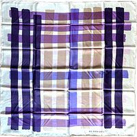 Full view of square Burberry purple check silk scarf