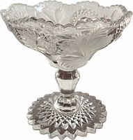 Side profile of pedestal compote showing hobstar and feather pattern, scalloped rim and star-burst foot