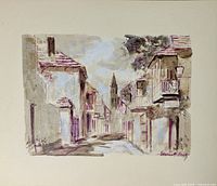 Full view of unframed sepia street scene painting on mat board