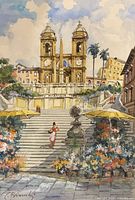 Full view of watercolour painting depicting Spanish Steps with signature visible lower left