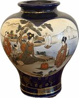 Front view showing figural scene and cobalt blue bands