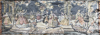 Full view of tapestry showing complete scenic design and fringed edges